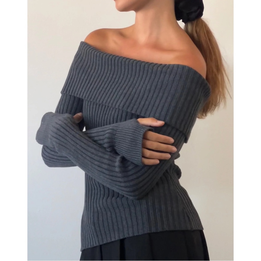 Motel Rocks Circe Knitted Bardot Sweater In Dark Charcoal Gray